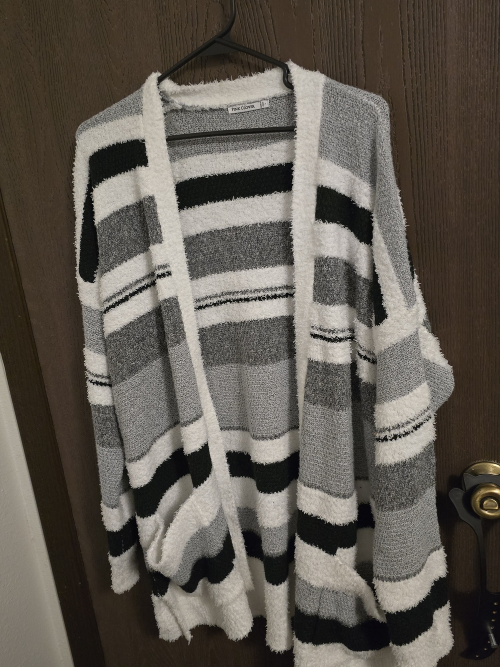 Pink Clover Striped‎ Open-Front Cardigan in Black, Gray & White